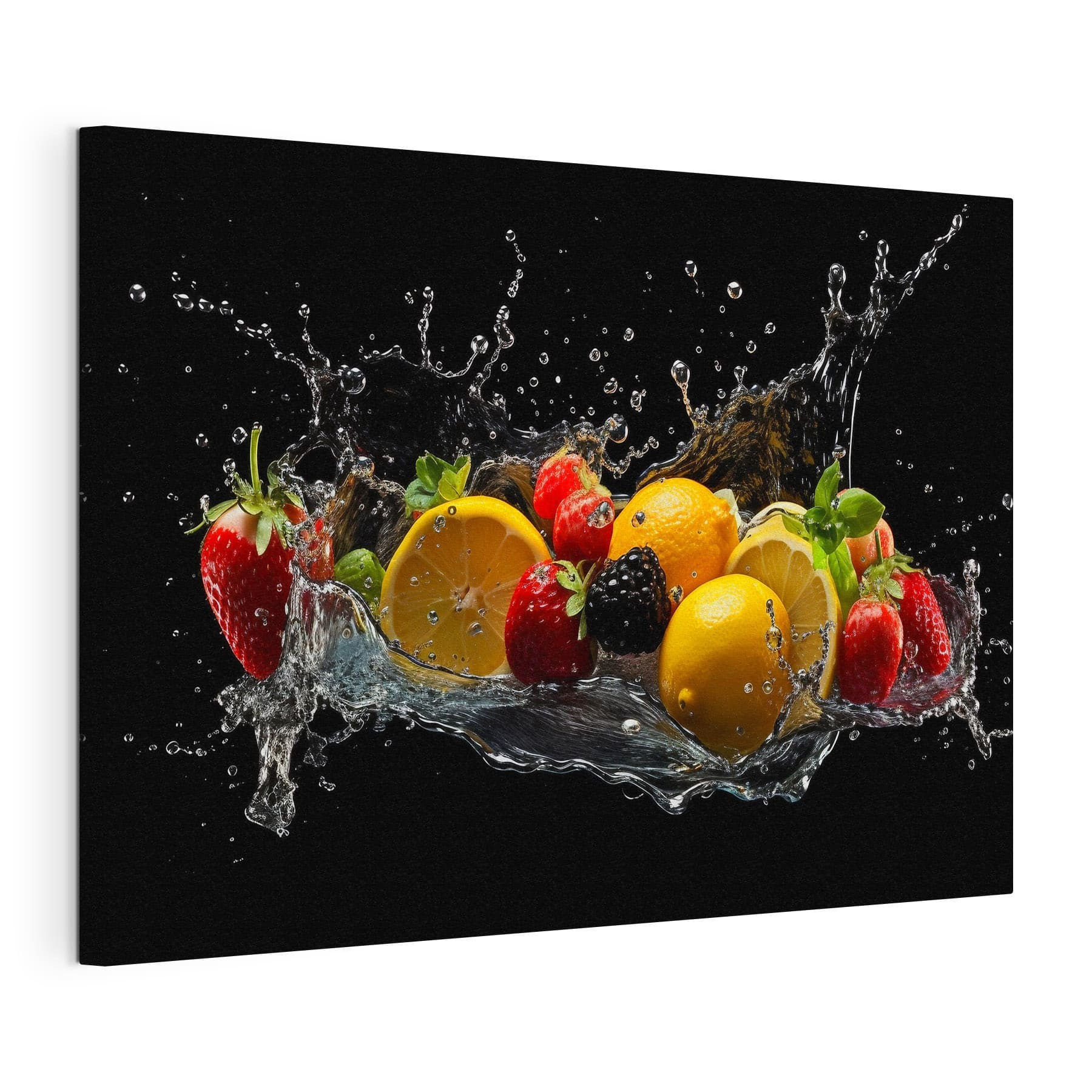 A group of fruits splashing into water