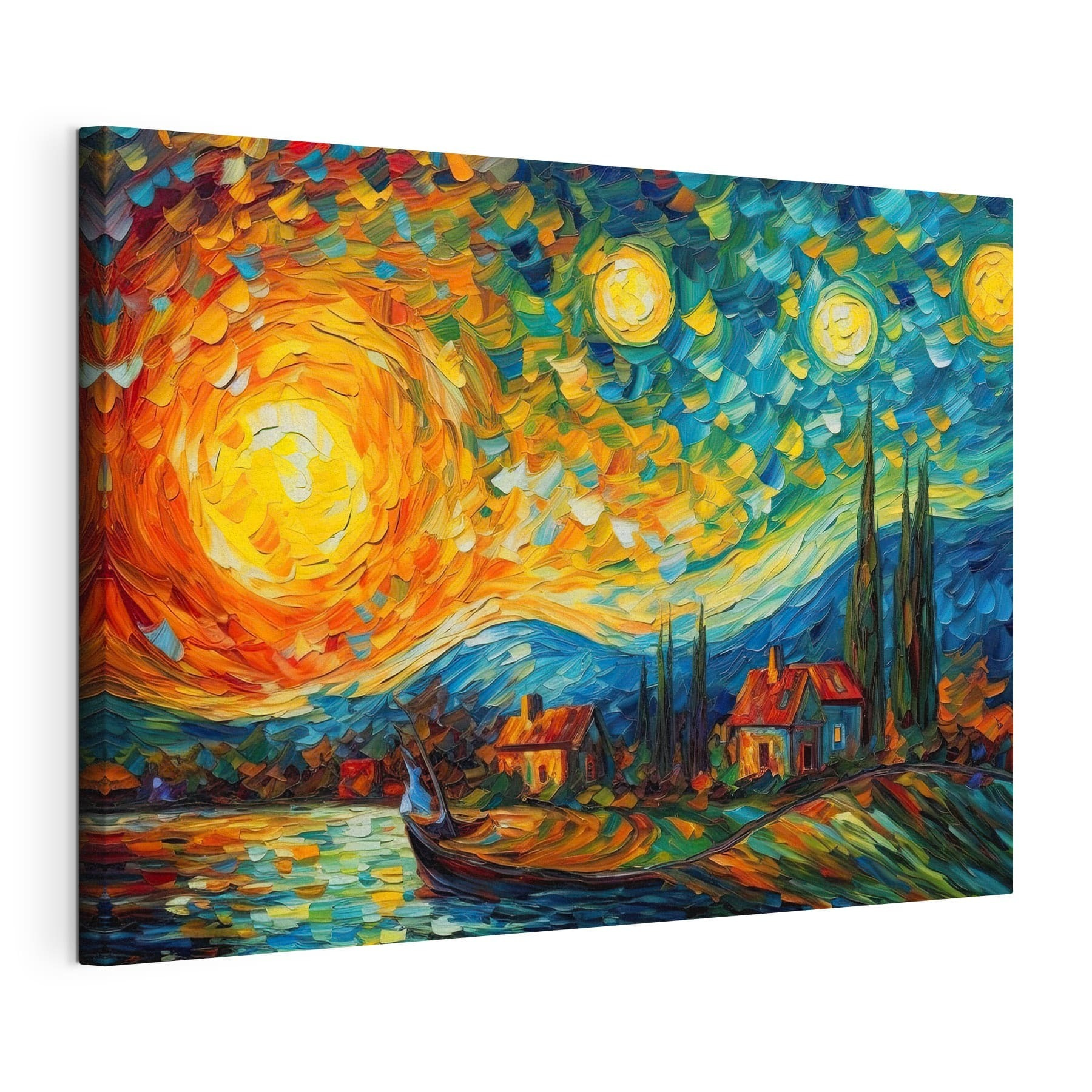 A painting of a house and a boat on a lake A painting of a house and a boat on a lake