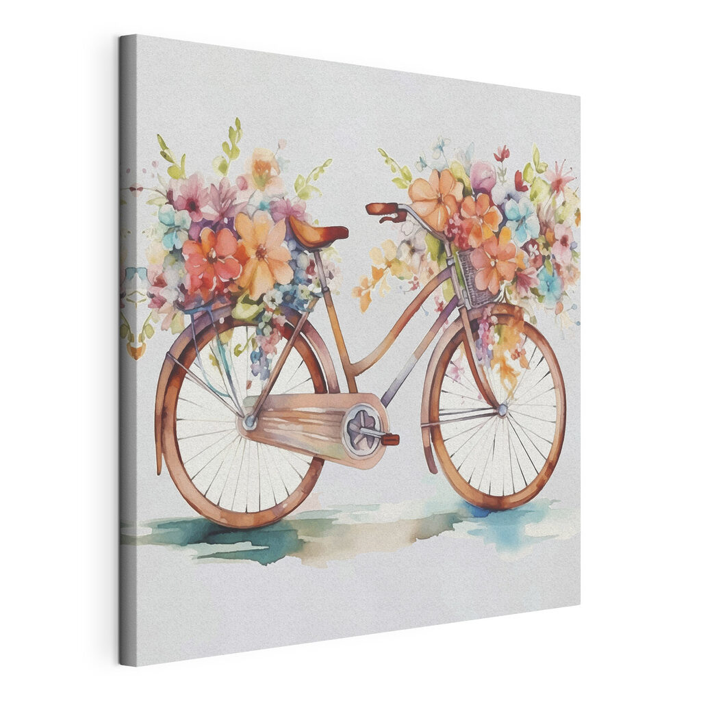 A watercolor painting of a bicycle with flowers on it