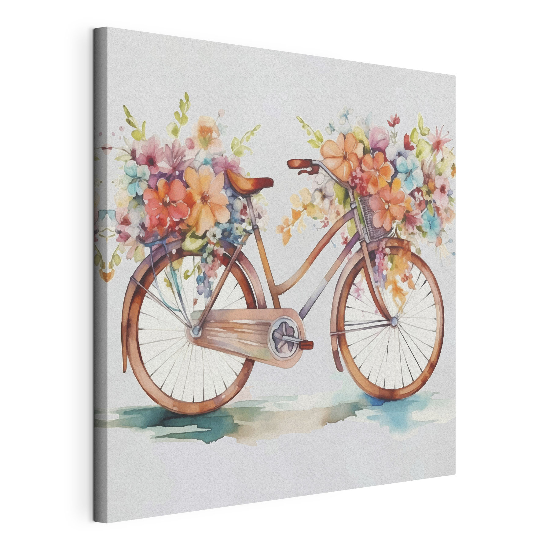 A watercolor painting of a bicycle with flowers on it