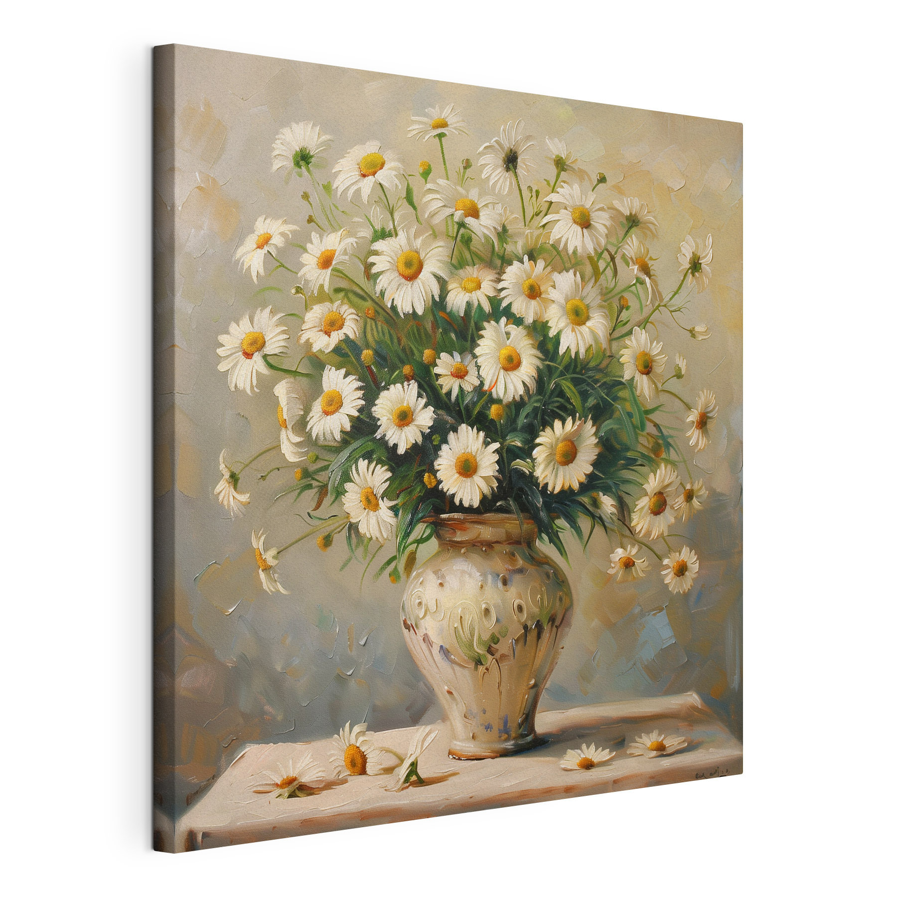 A painting of a vase of daisies A painting of a vase of daisies
