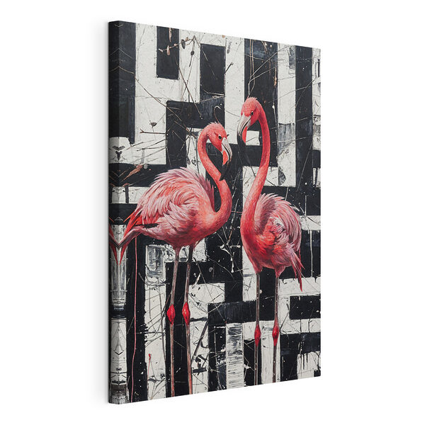 A painting of flamingos on a black and white background