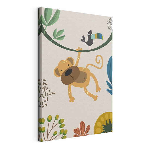 A monkey and bird on a branch A monkey and bird on a branch