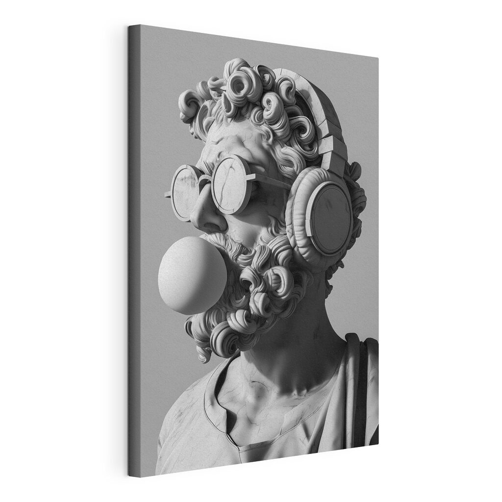 A statue of a man with headphones and a bubble gum A statue of a man with headphones and a bubble gum