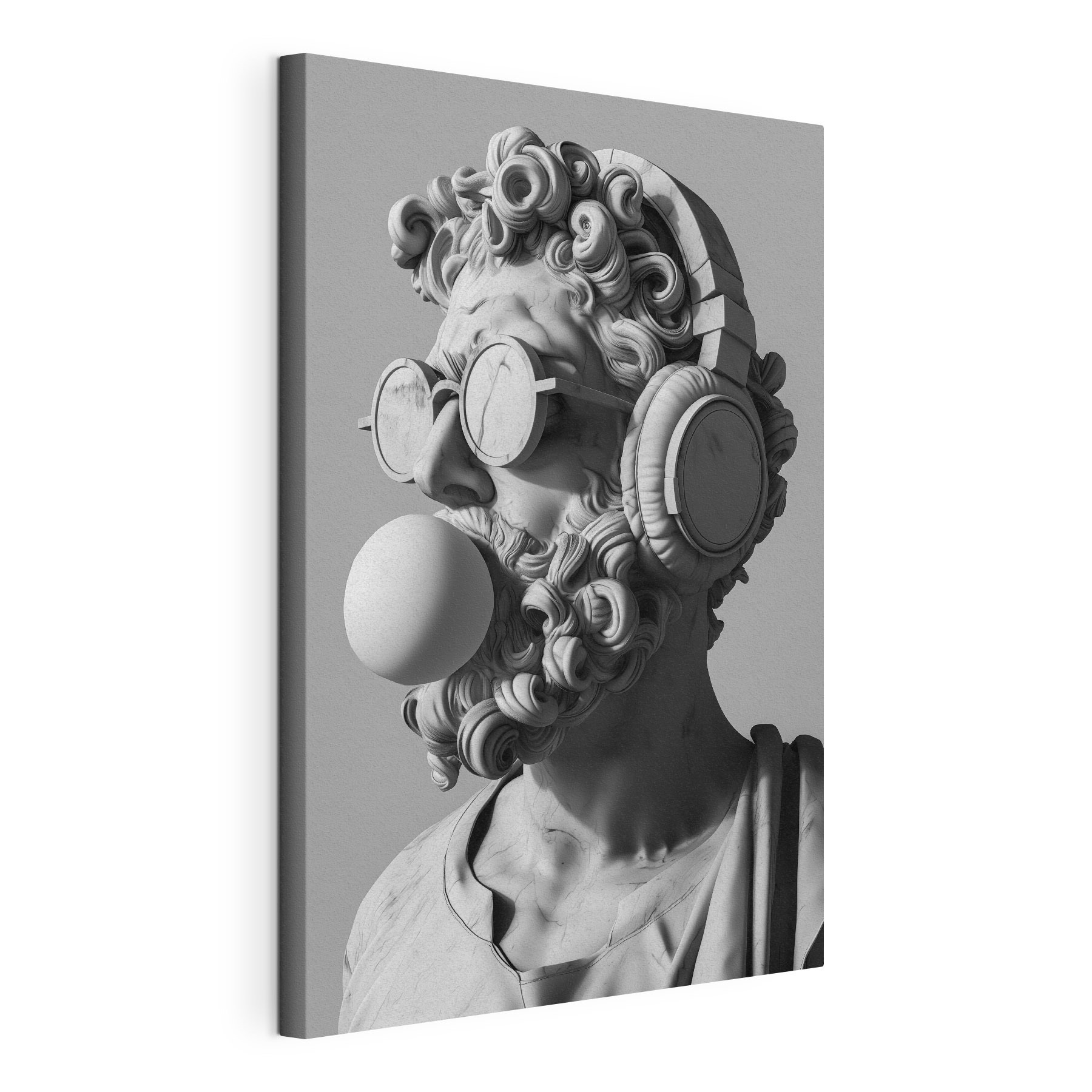 A statue of a man with headphones and a bubble gum A statue of a man with headphones and a bubble gum