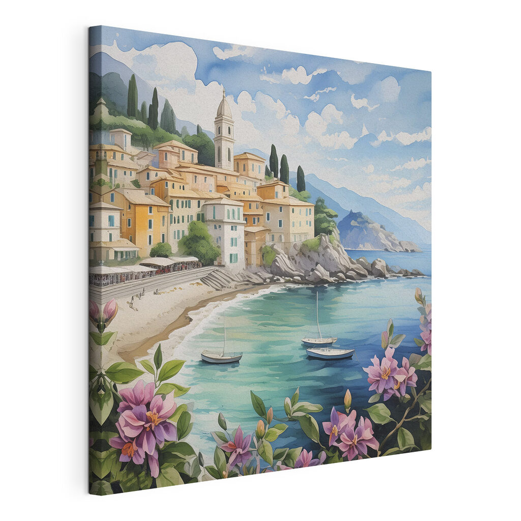A painting of a town on a beach with boats and flowers A painting of a town on a beach with boats and flowers