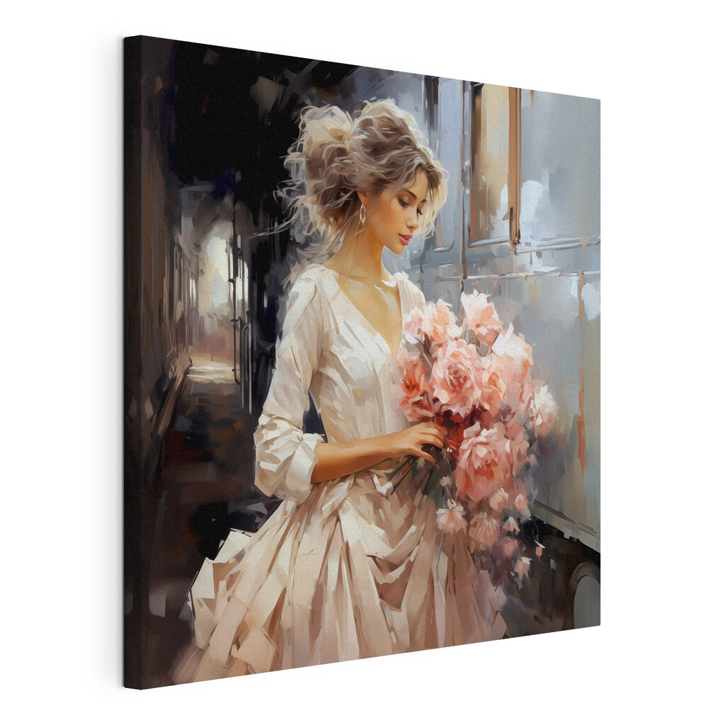 A woman holding flowers in a train A woman holding flowers in a train