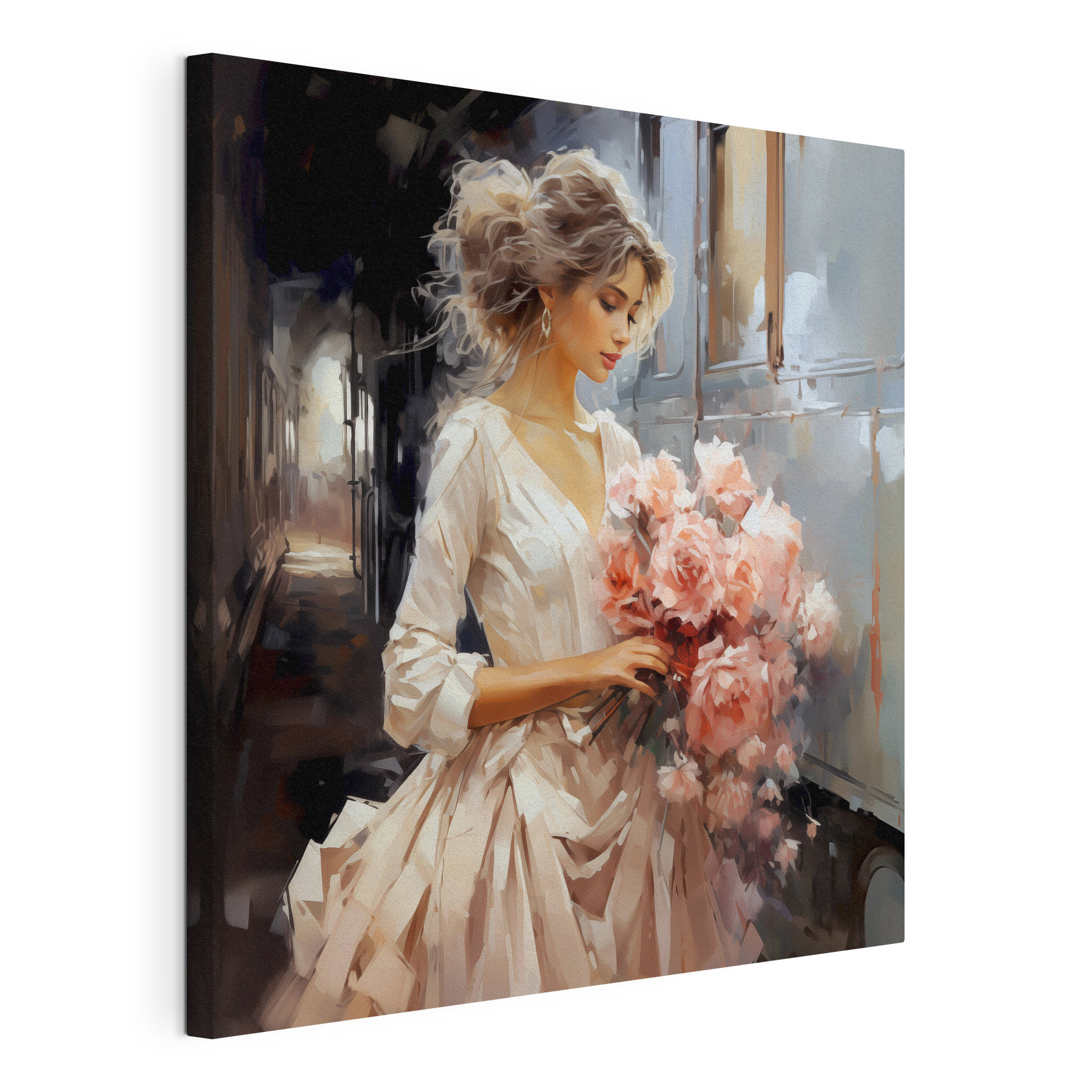 A woman holding flowers in a train A woman holding flowers in a train