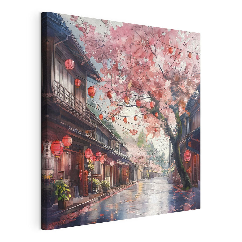 Street with pink lanterns and trees