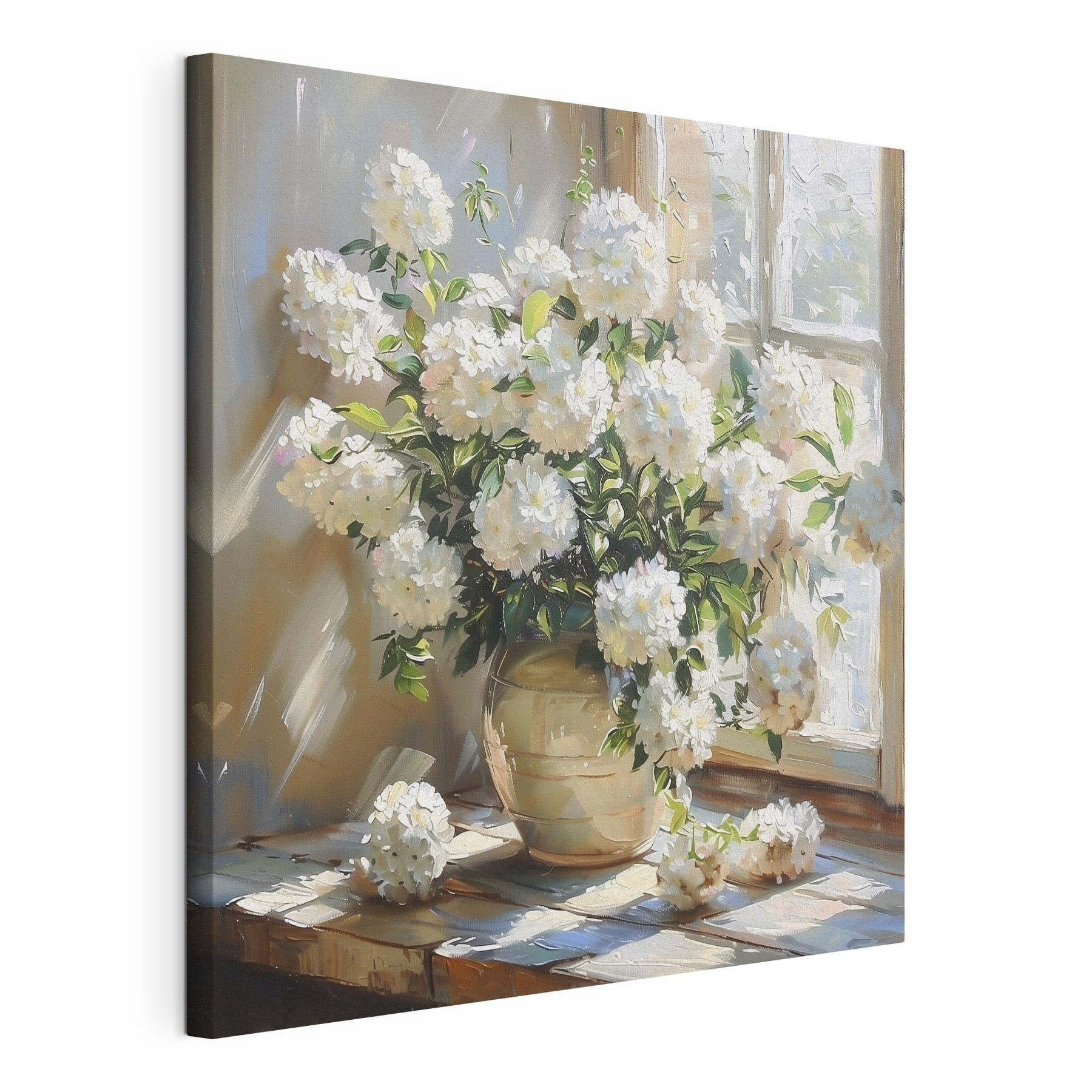 Vase of white flowers in front of a window Vase of white flowers in front of a window
