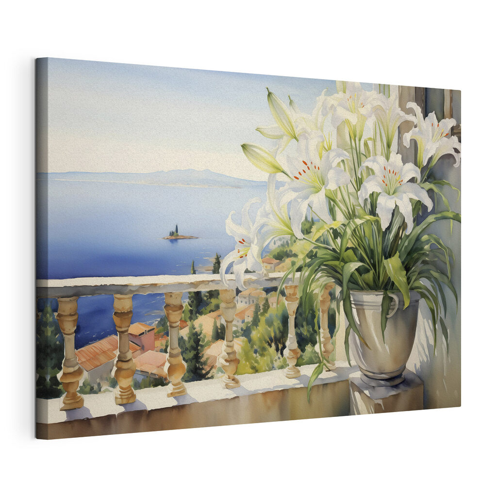 Painting of a balcony with a view of a city and a sea Painting of a balcony with a view of a city and a sea