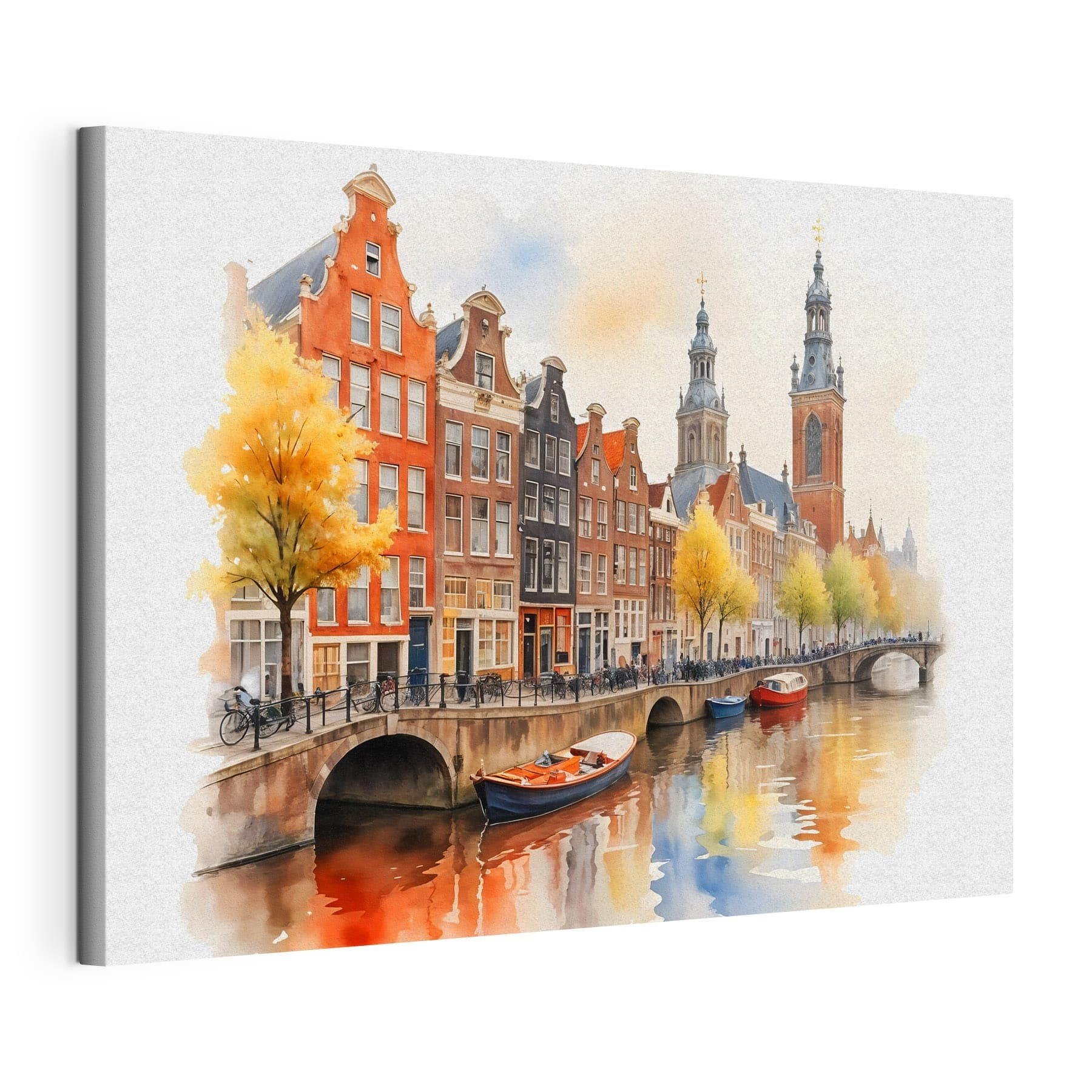 Watercolor of a canal with boats and buildings