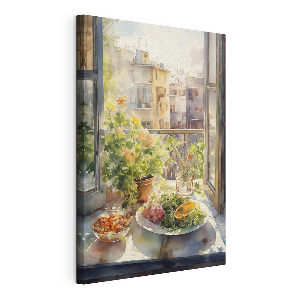 Watercolor painting of a table with food and flowers in front of a window Watercolor painting of a table with food and flowers in front of a window
