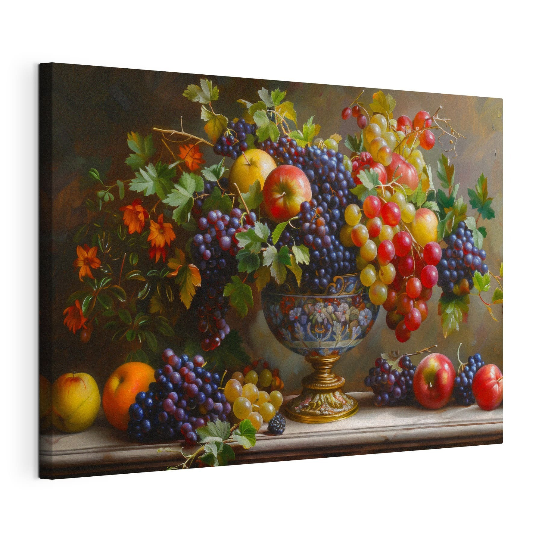 A painting of fruit in a vase