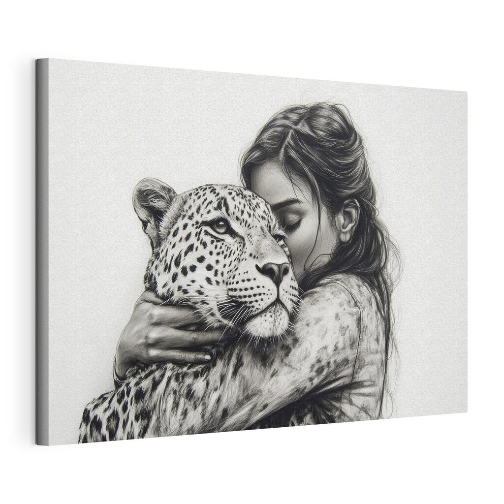 Drawing of a woman hugging a leopard Drawing of a woman hugging a leopard