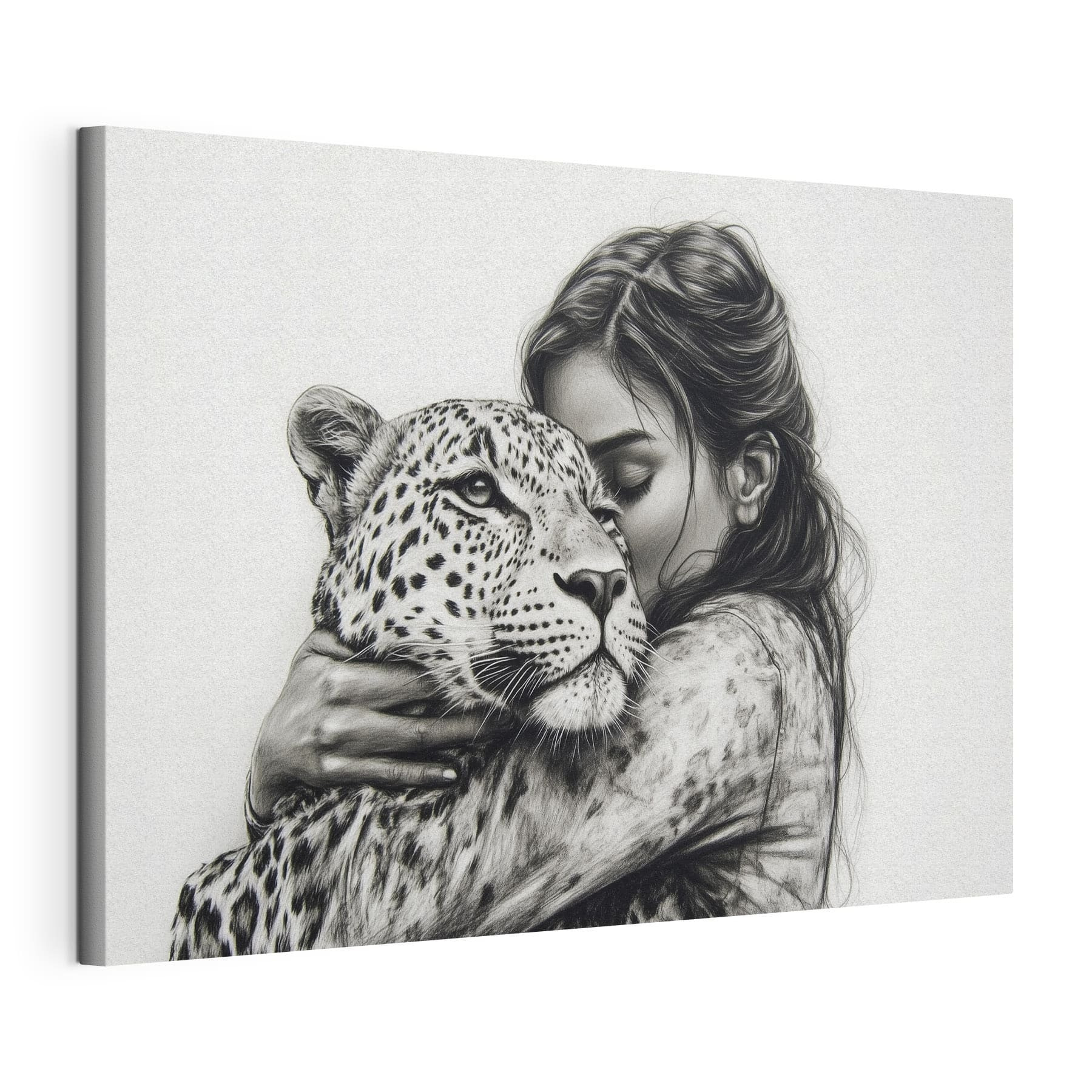 Drawing of a woman hugging a leopard Drawing of a woman hugging a leopard