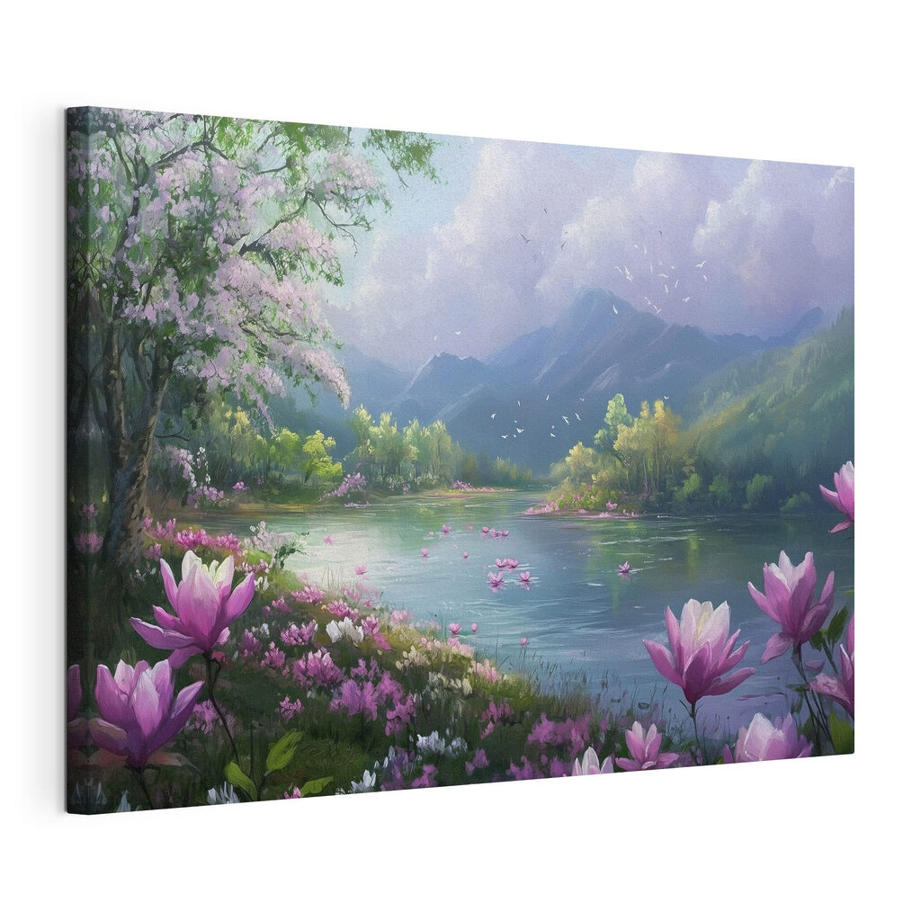 River with flowers and mountains in the background