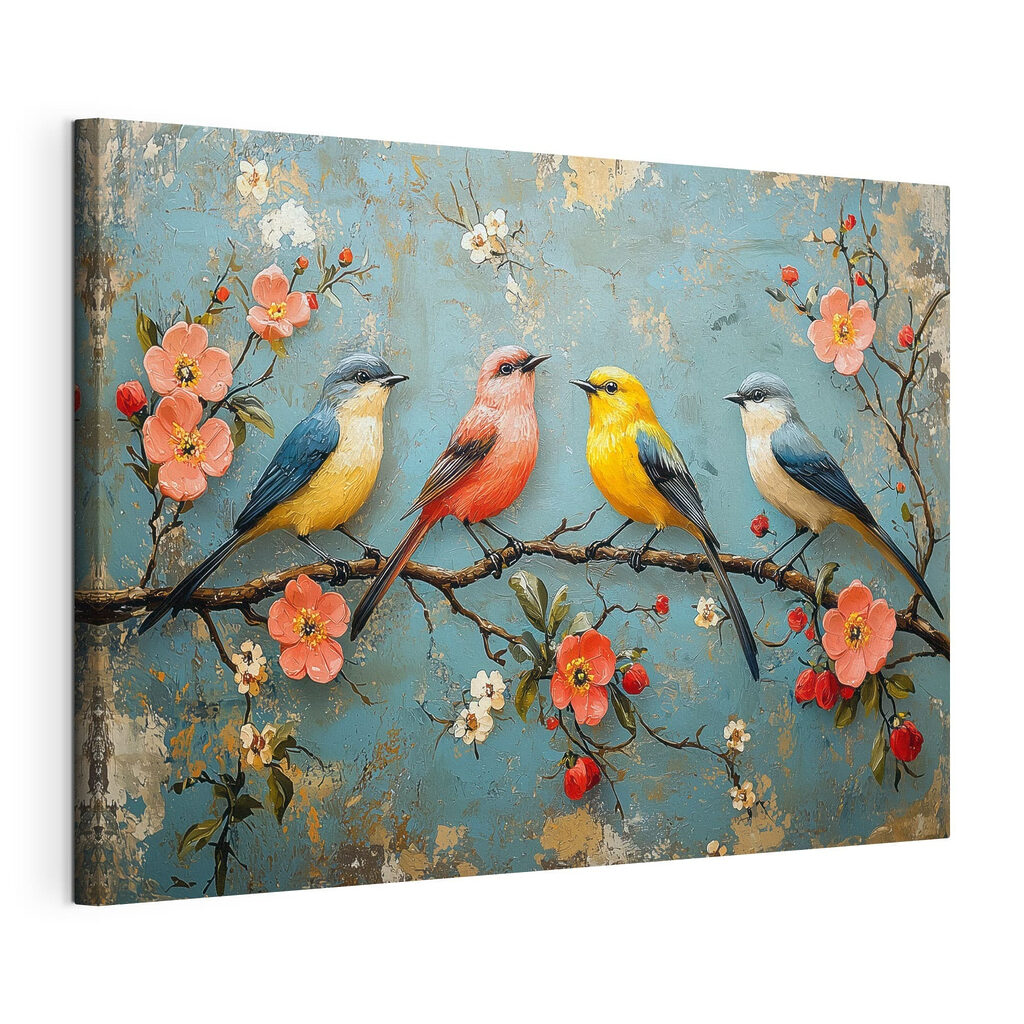 Group of birds on a branch with flowers