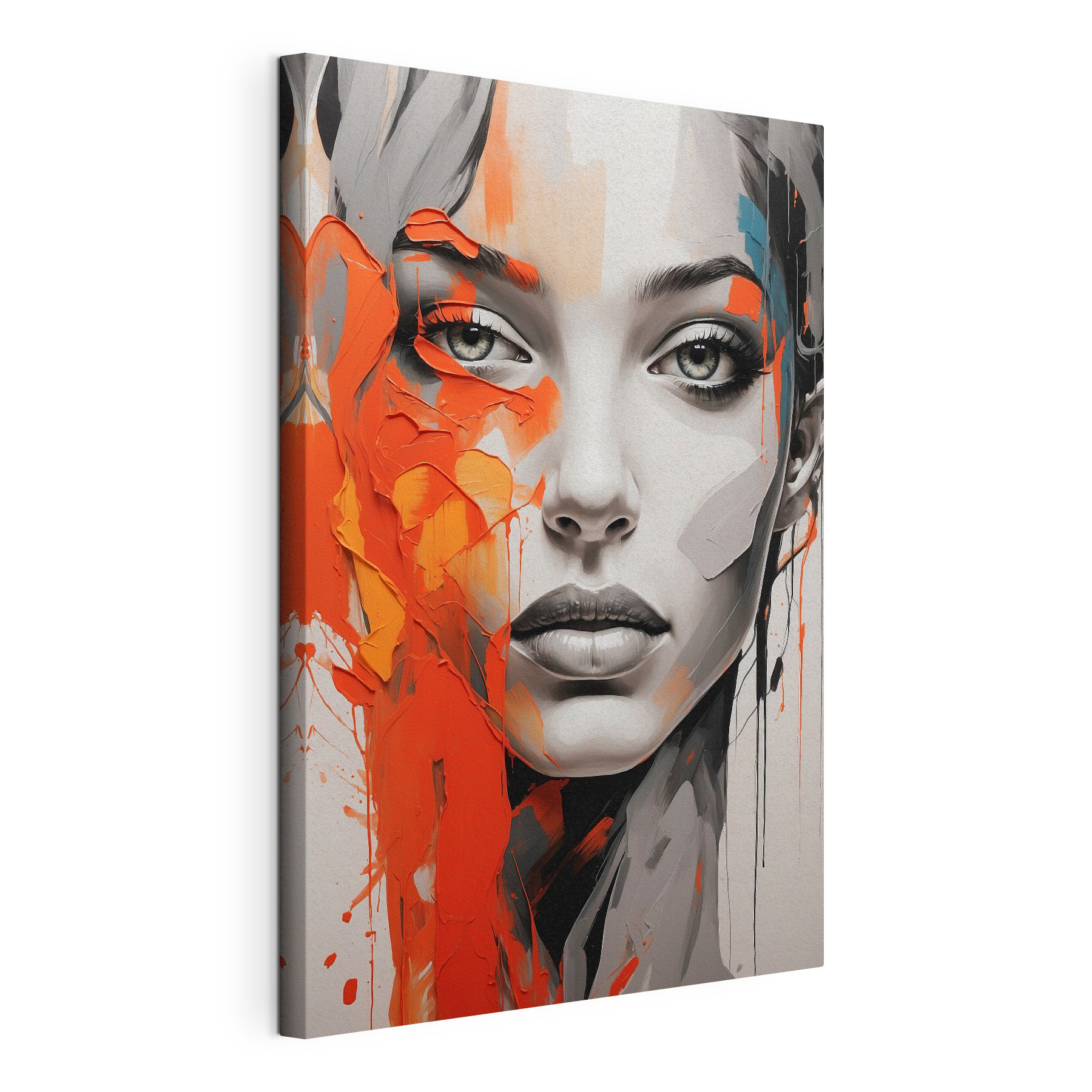 Painting of a woman with orange paint on her face