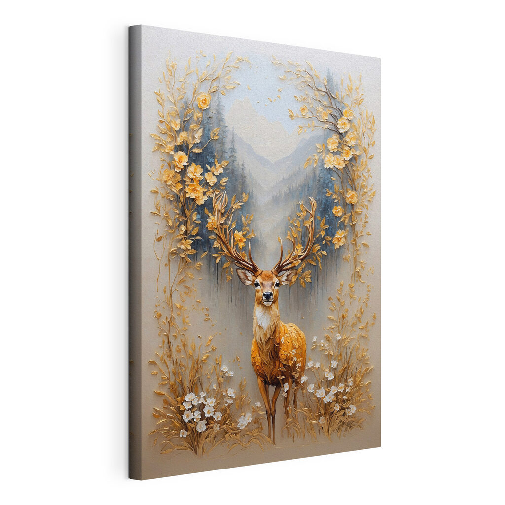 Painting of a deer with flowers and mountains Painting of a deer with flowers and mountains