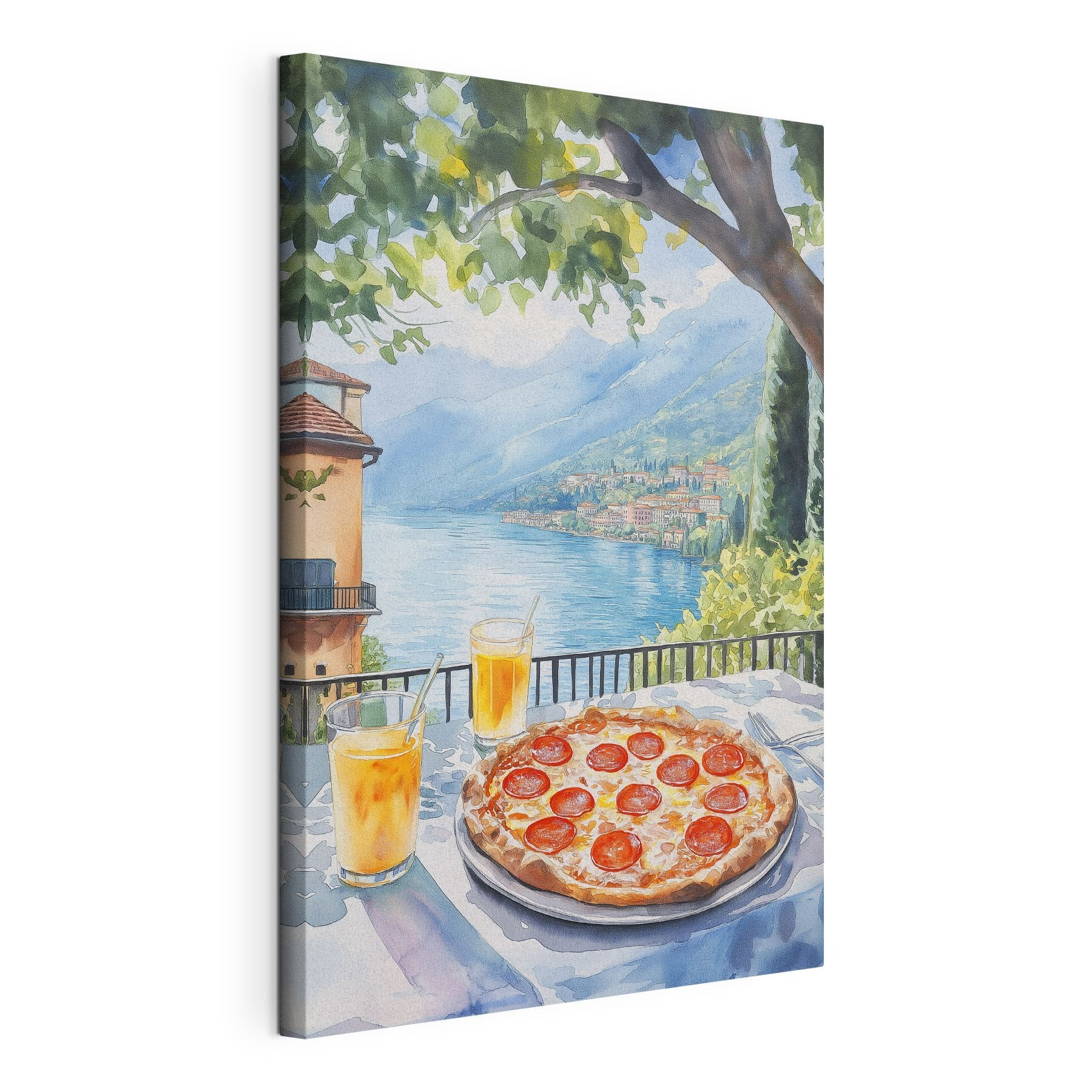 Watercolor painting of a pizza and drinks on a table