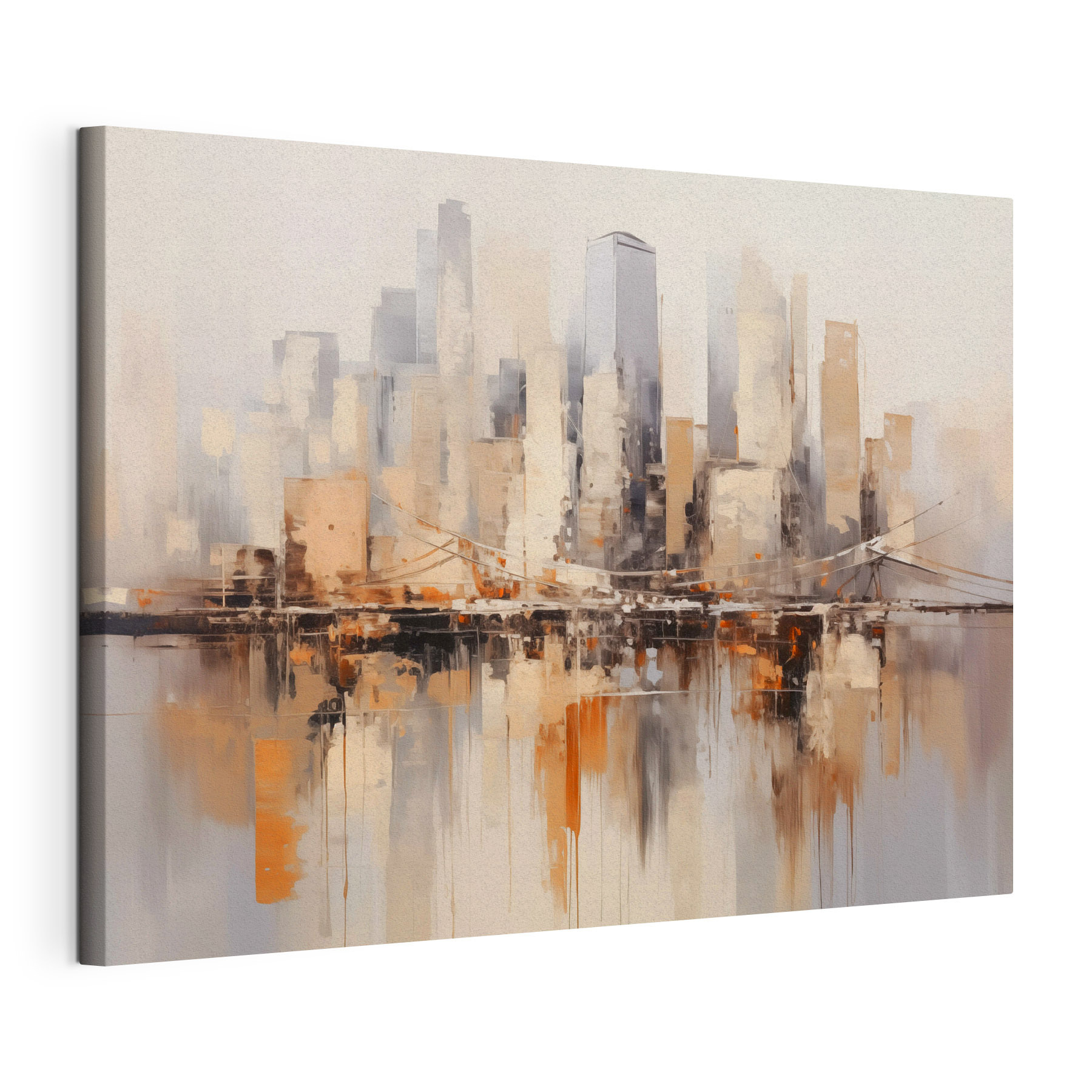 Painting of a city with a bridge over water Painting of a city with a bridge over water
