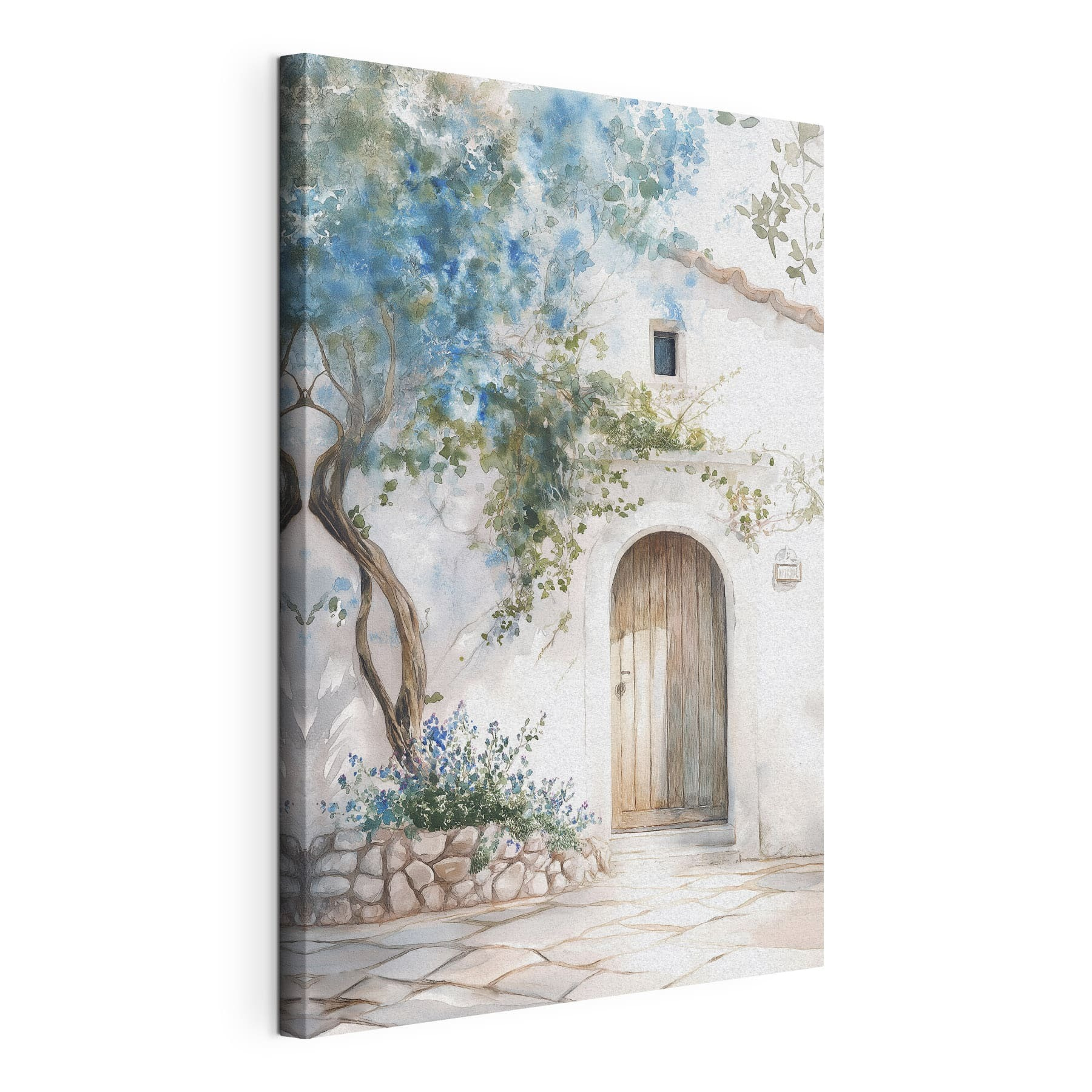 Painting of a door and a tree on a wall
