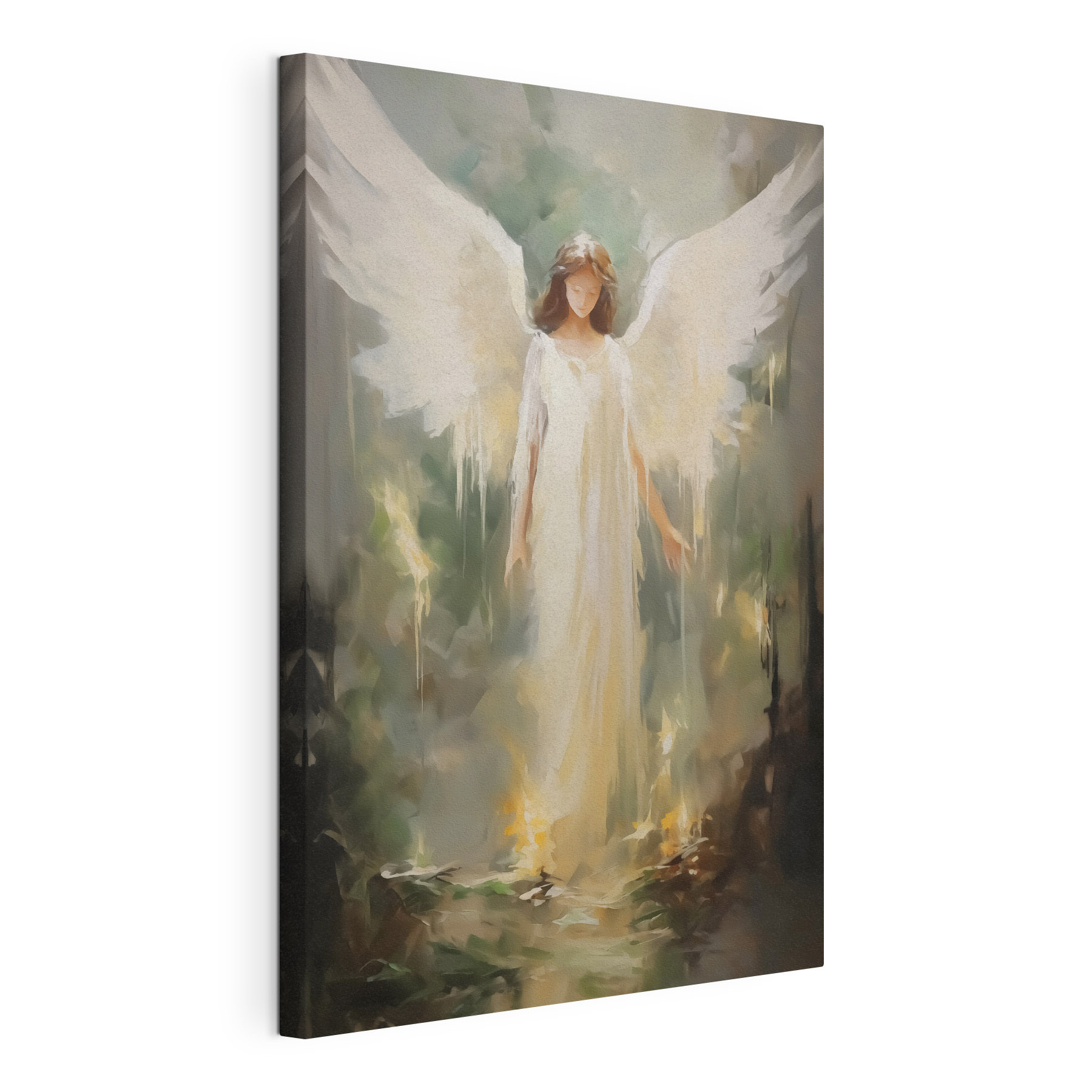 Painting of a woman in a white dress with wings Painting of a woman in a white dress with wings