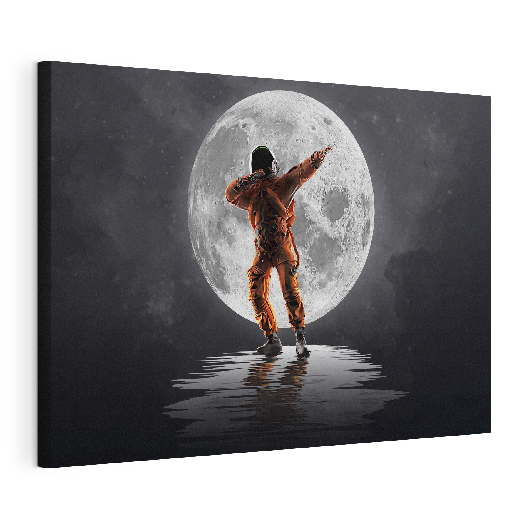 Man in an orange suit standing in front of a full moon
