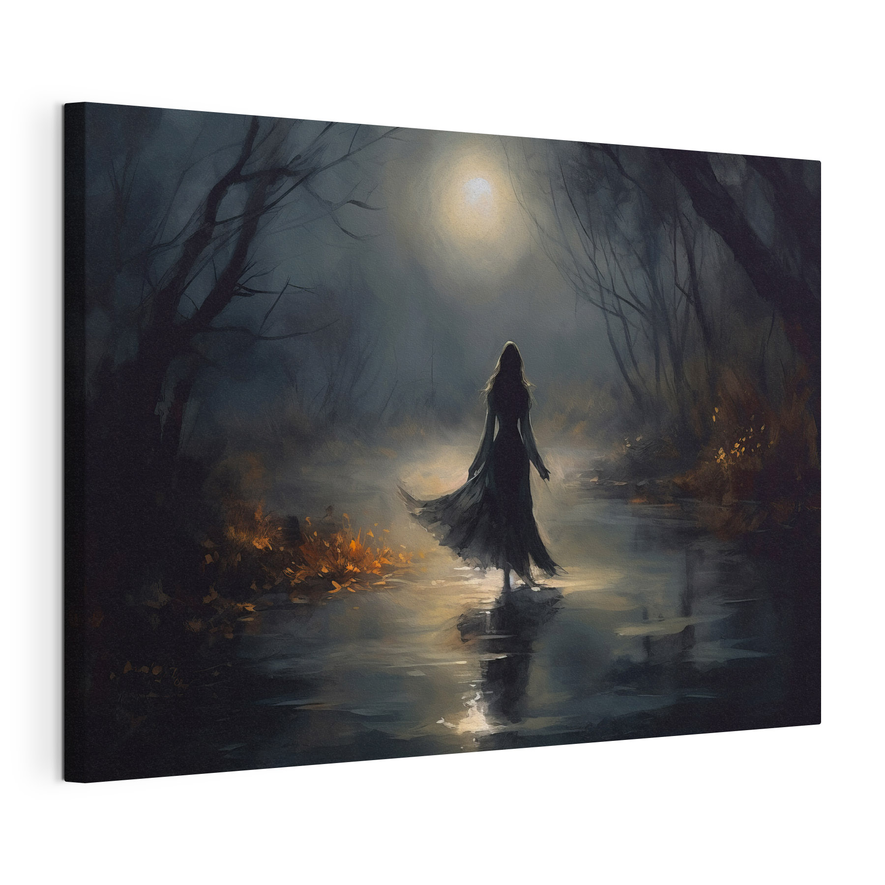 Woman walking in a dark forest