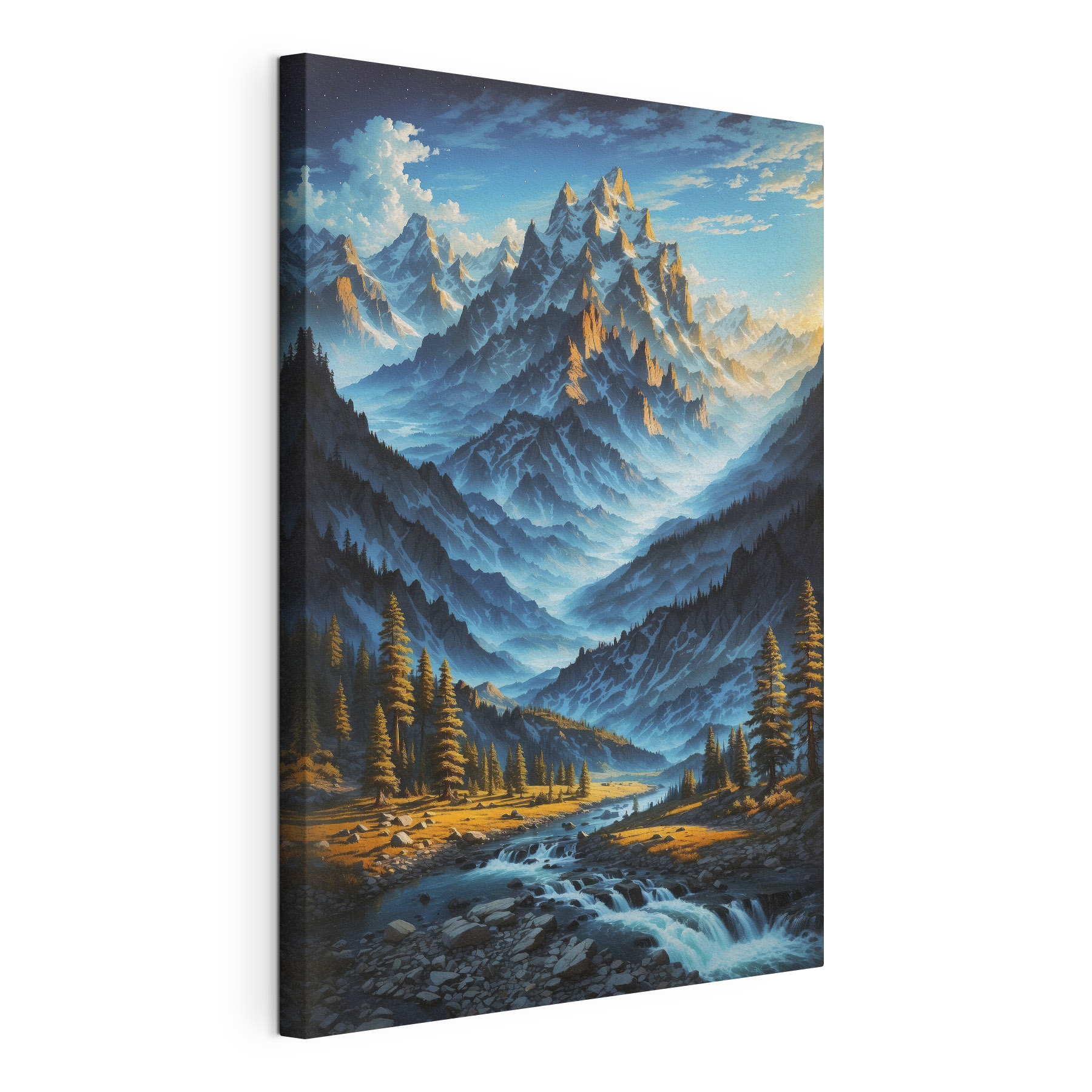 A mountain range with trees and a river