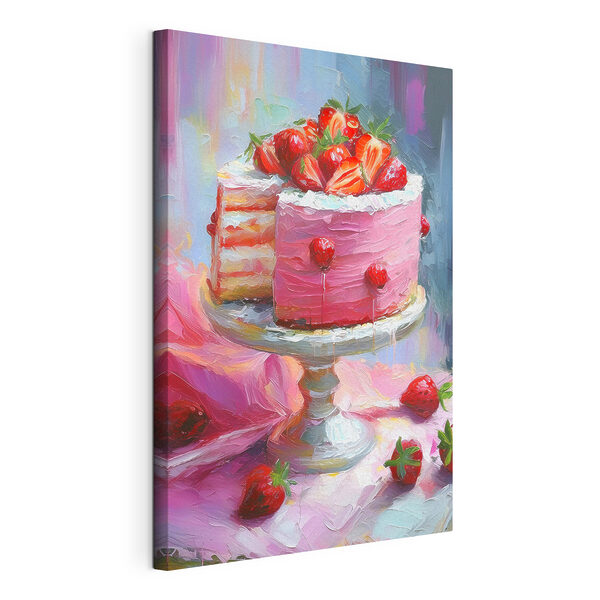 A painting of a cake with strawberries on top