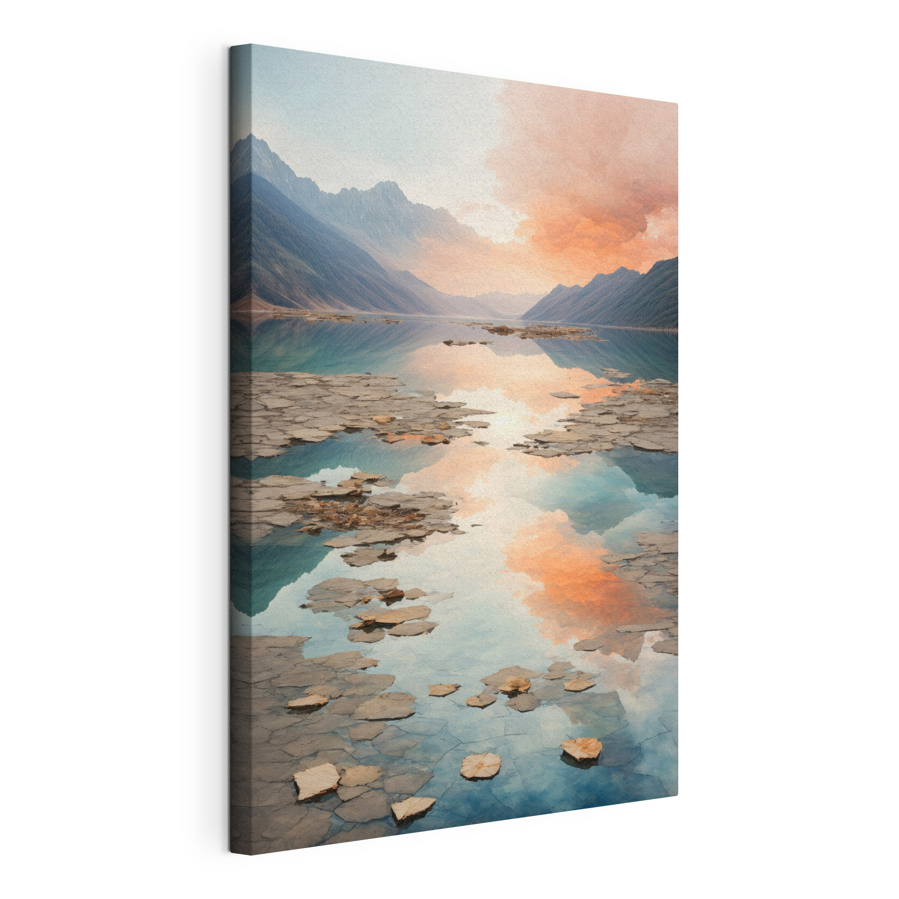 A lake with rocky mountains and clouds