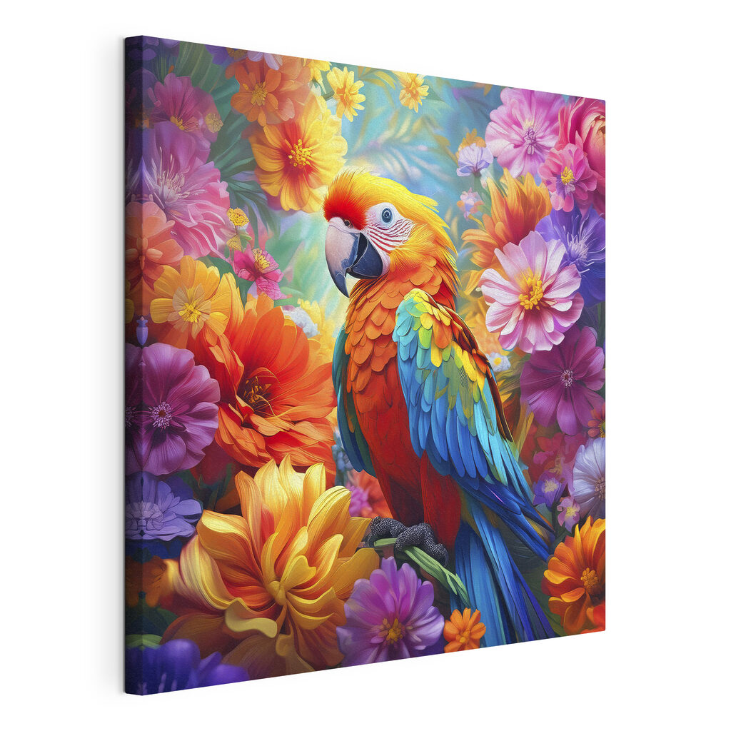 A colorful bird sitting on a branch surrounded by flowers A colorful bird sitting on a branch surrounded by flowers