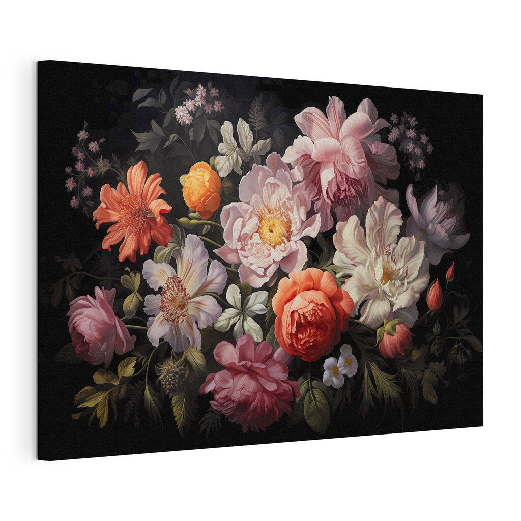 A painting of flowers on a black background