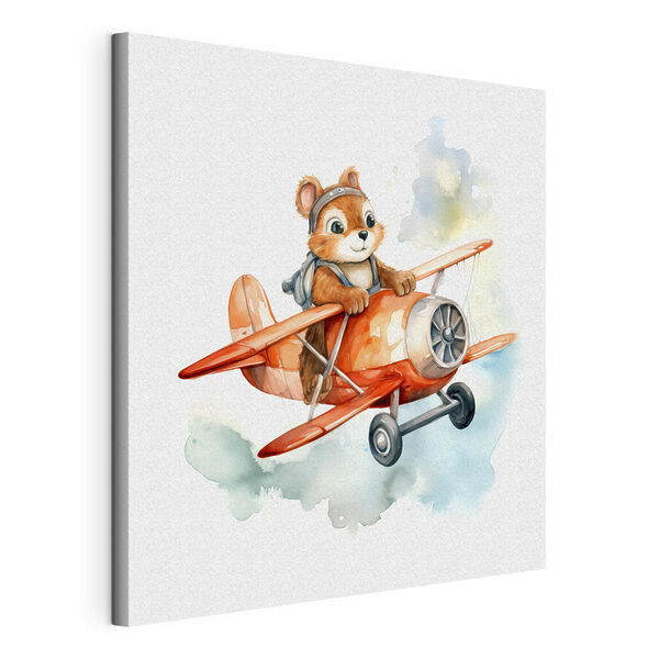 A watercolor of a squirrel flying on an airplane