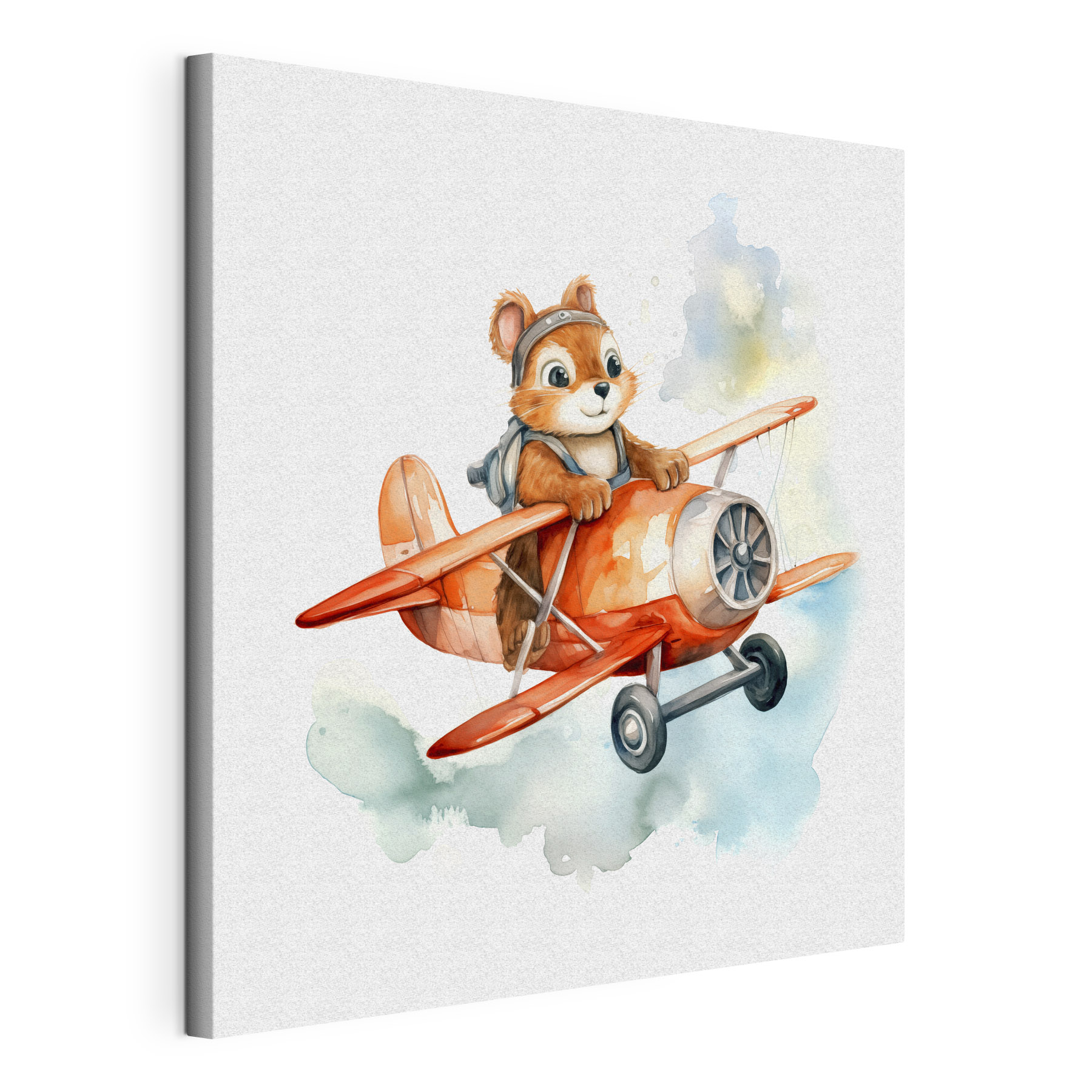A watercolor of a squirrel flying on an airplane