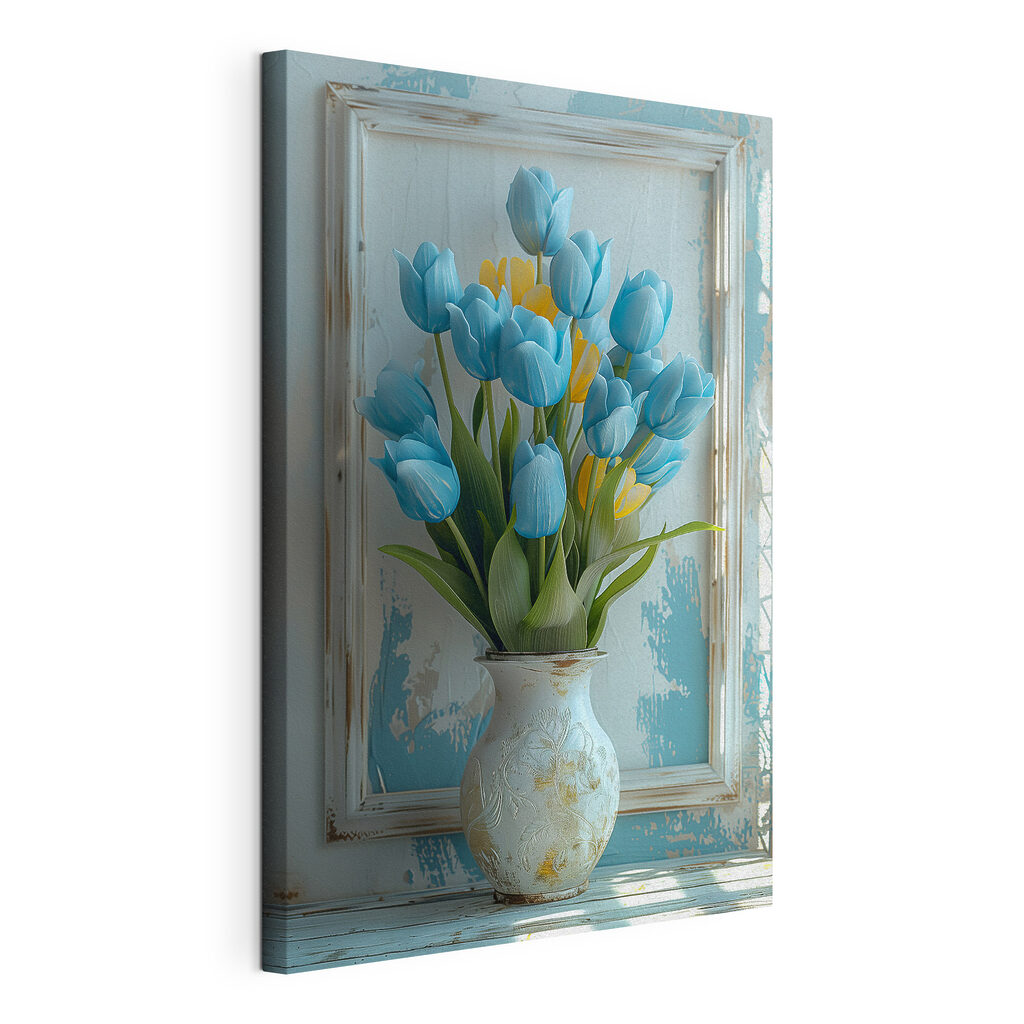 Vase of blue and yellow tulips