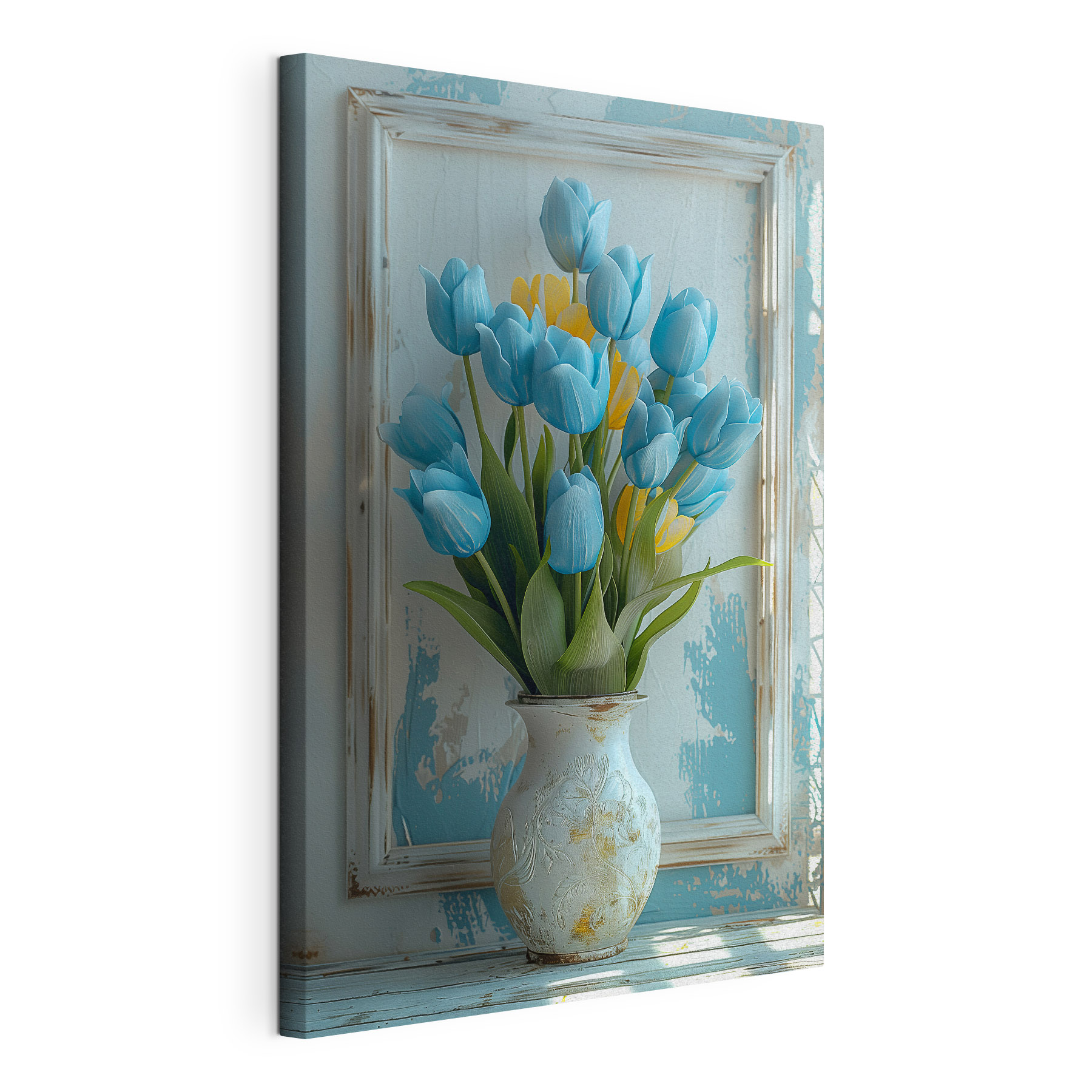 Vase of blue and yellow tulips