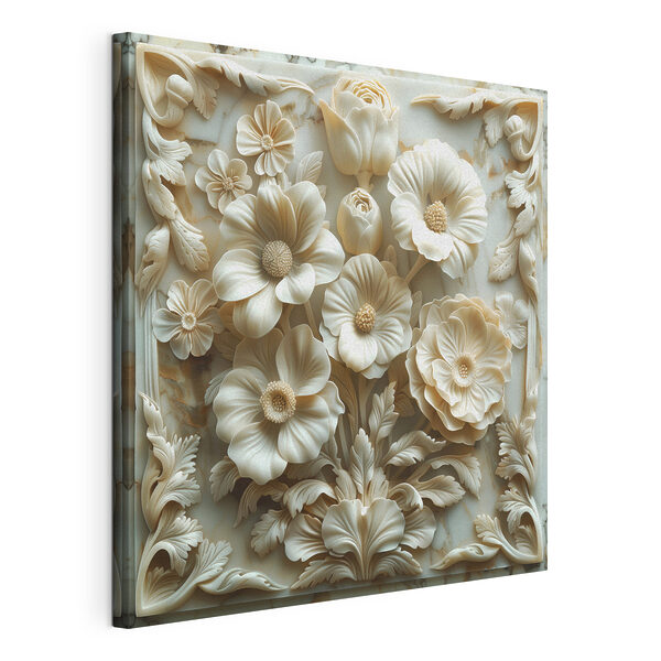 White flower carving on a marble surface