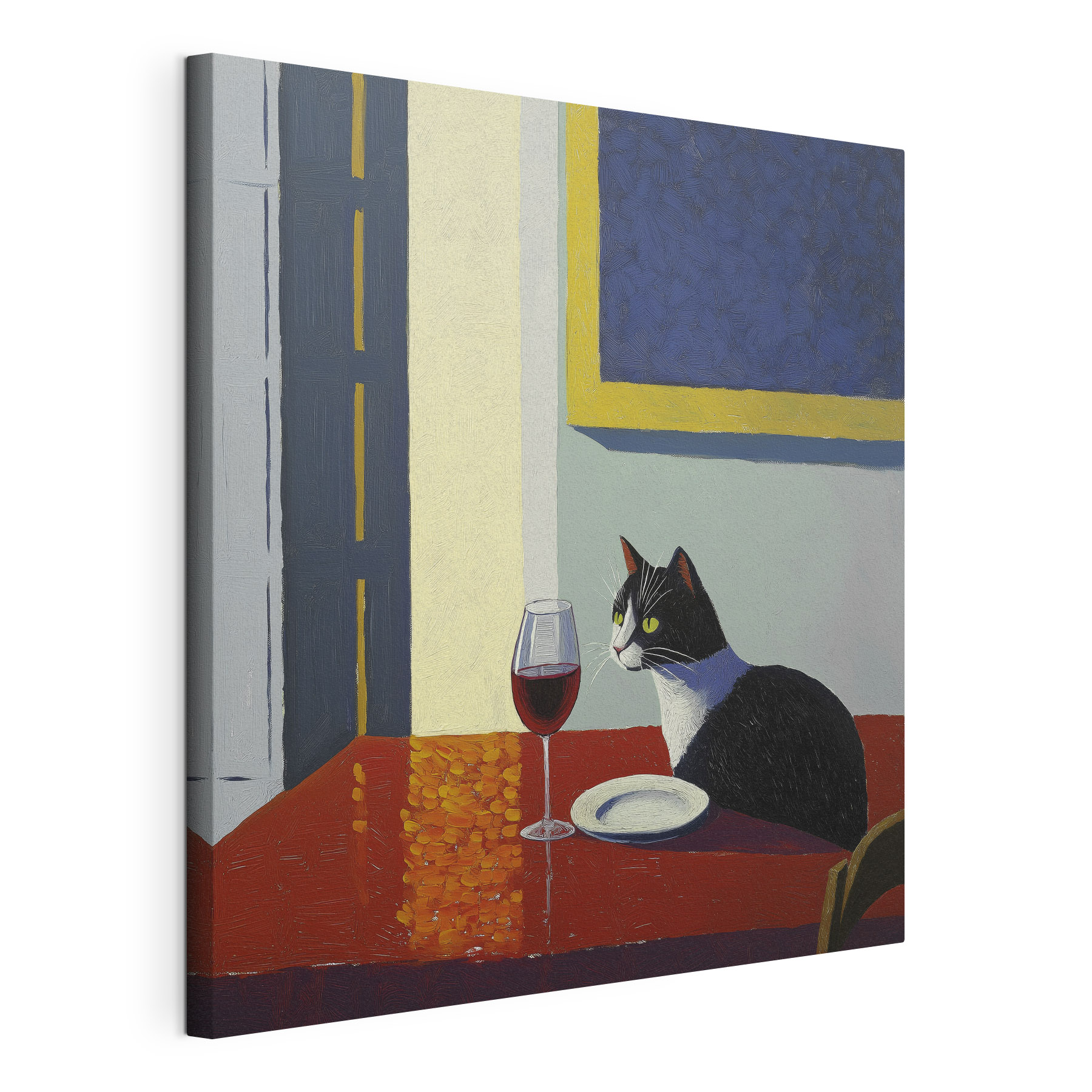 Cat sitting at a table with a plate and a plate Cat sitting at a table with a plate and a plate