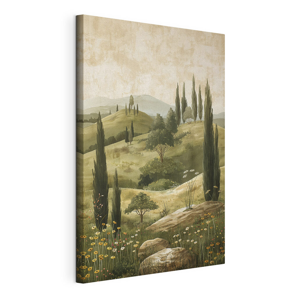 Painting of a landscape with trees and hills