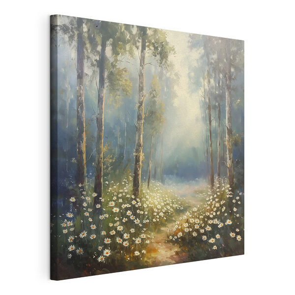 Painting of a forest with flowers and trees