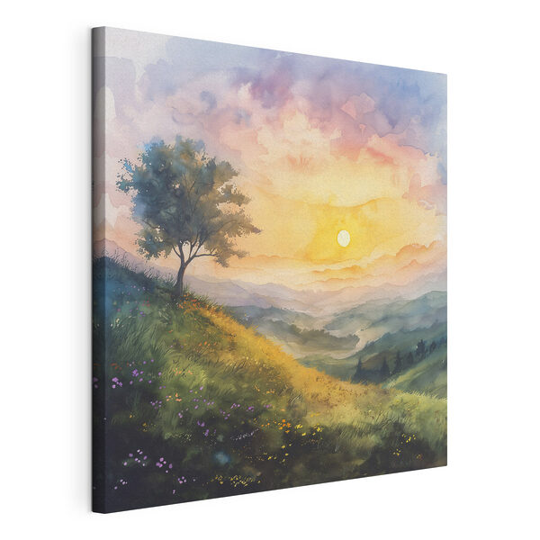 Painting of a landscape with a tree and flowers
