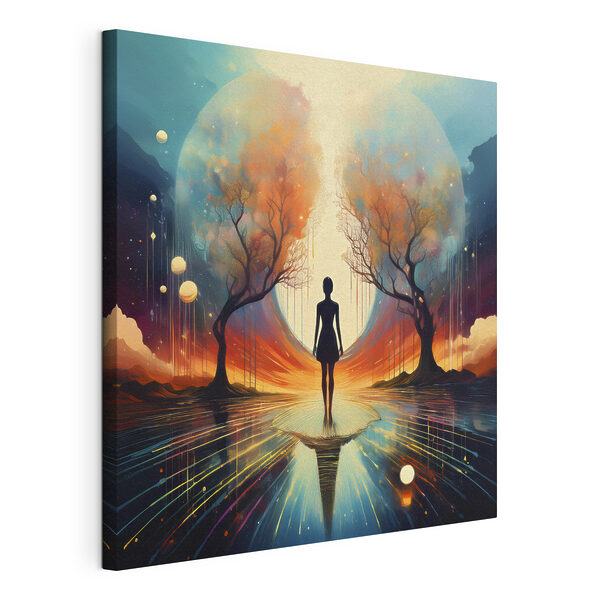 Woman standing on a reflective surface with trees and a large moon Woman standing on a reflective surface with trees and a large moon