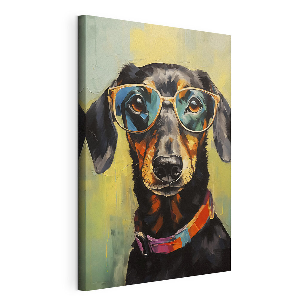 Painting of a dog wearing glasses