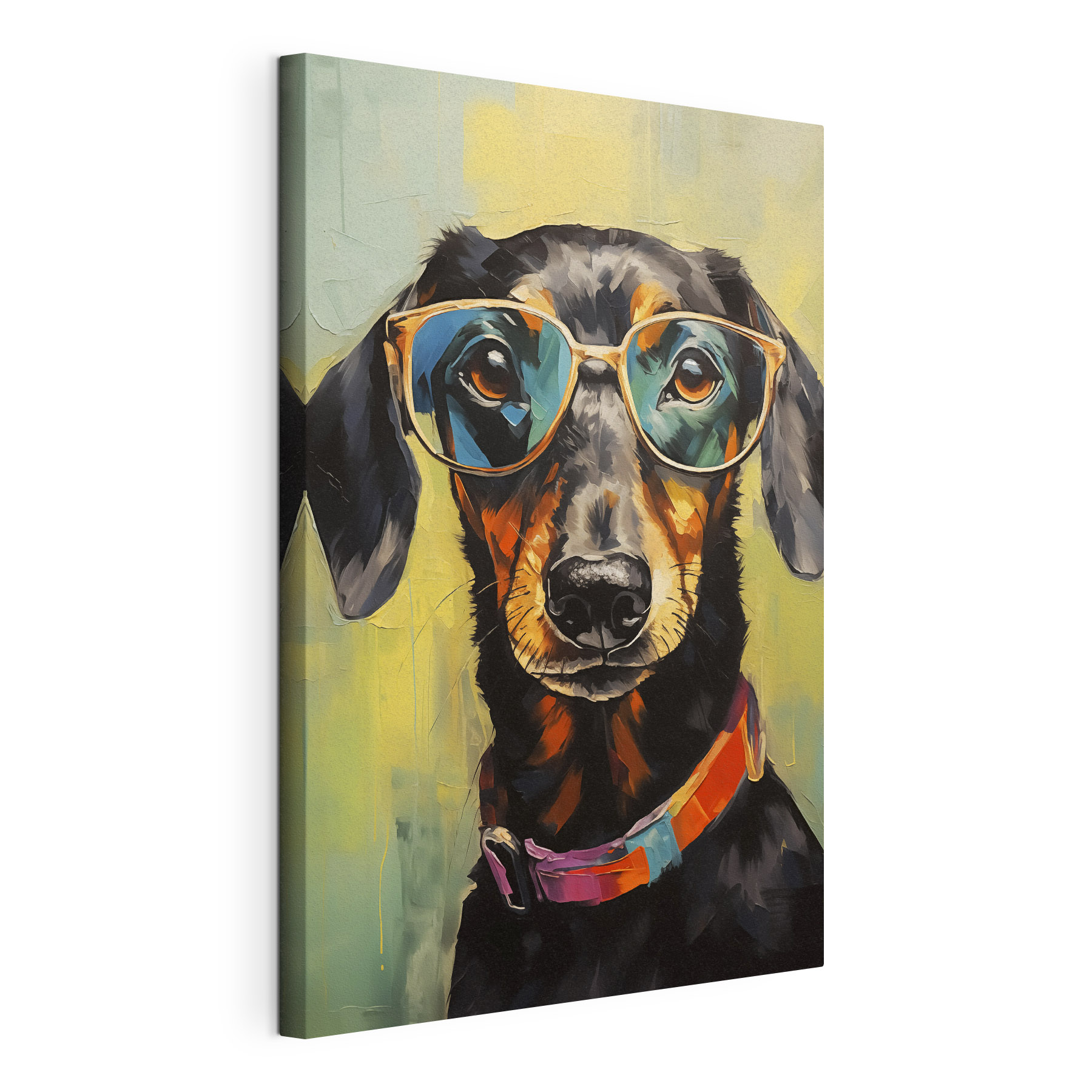 Painting of a dog wearing glasses