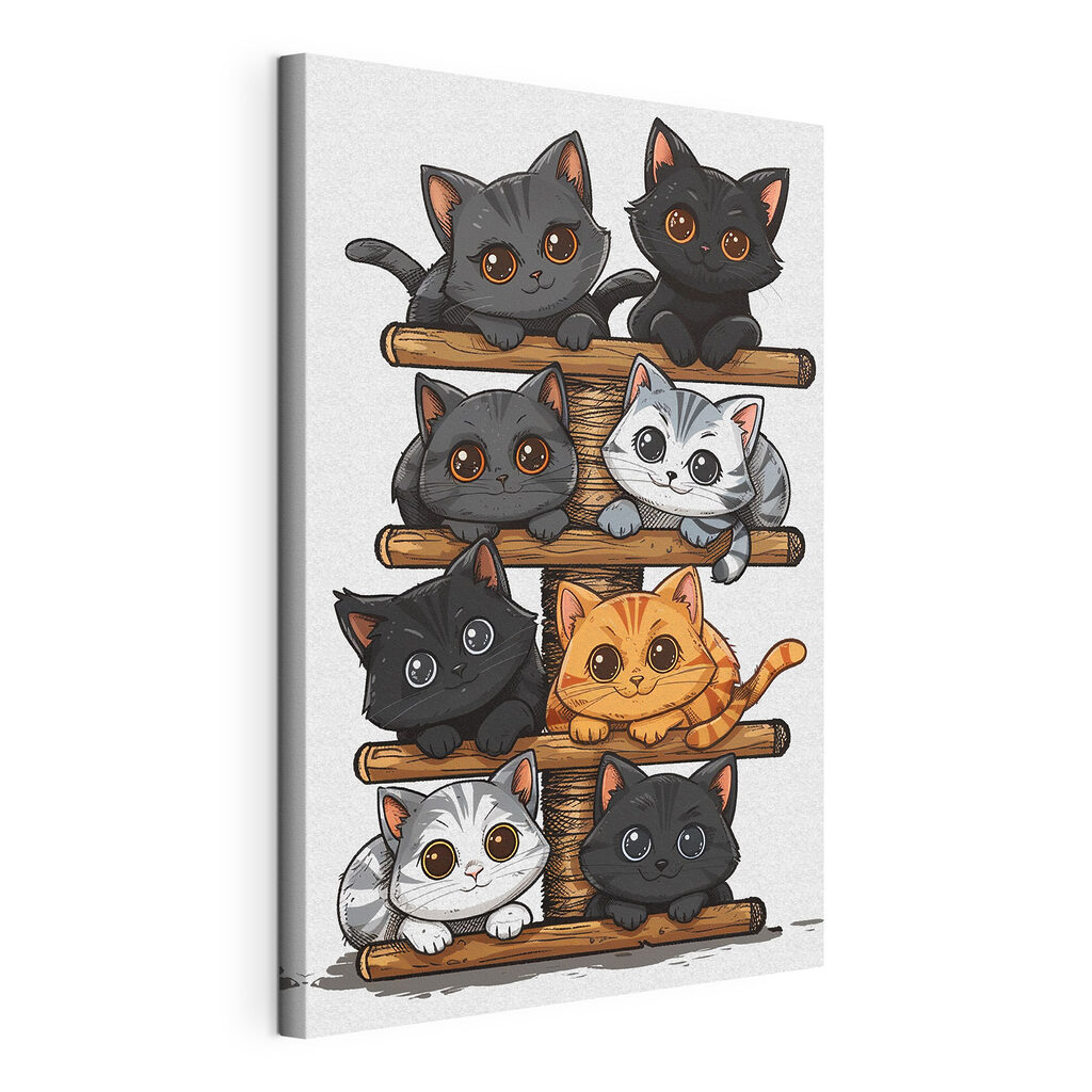 Group of cats on a wooden structure