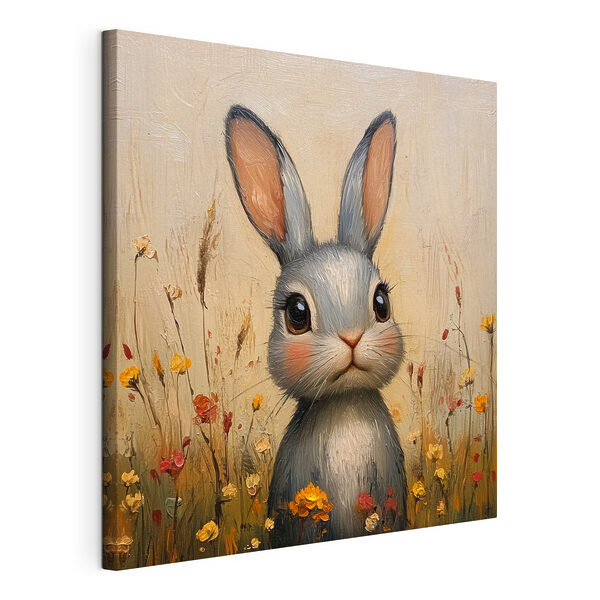 Painting of a rabbit in a field of flowers