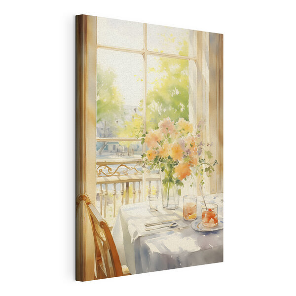 Watercolor painting of a table with flowers and glasses
